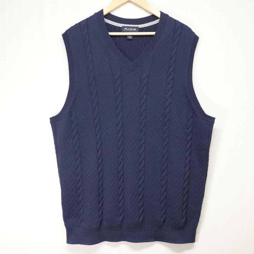 Jos A Bank Sweater Vest Mens 2XLT Blue Cotton Cable Knit V Neck Classic